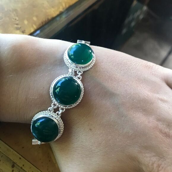 Genuine Green Onyx Sterling Silver Bracelet - Picture 6 of 7